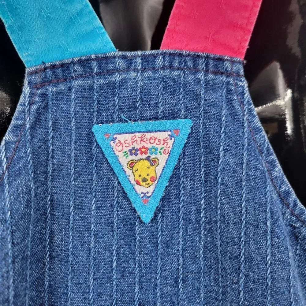 Oshkosh Vintage Overalls Pin Stripe Pink Blue Yellow Character Bear Patch